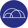 icon_cutting-edge_2 A white line drawing of interconnected domes on a blue circular background.